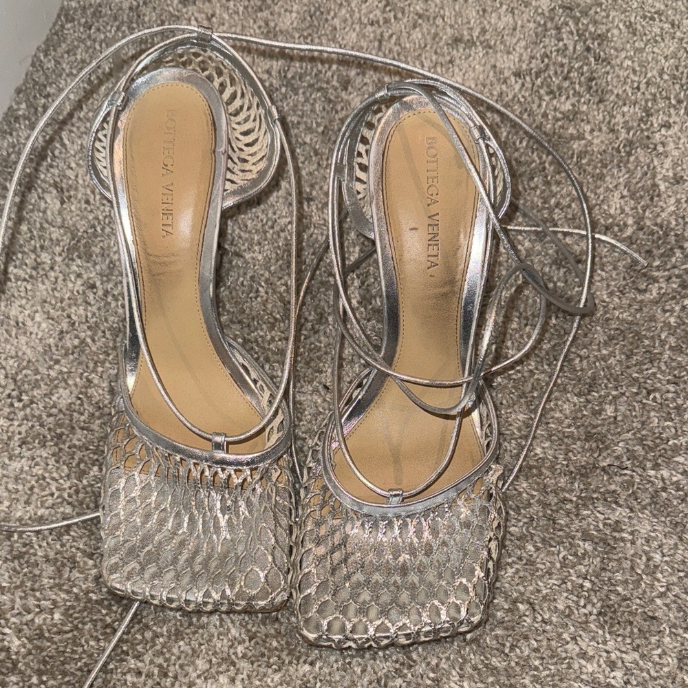 Bottega Veneta Silver Strappy Heels